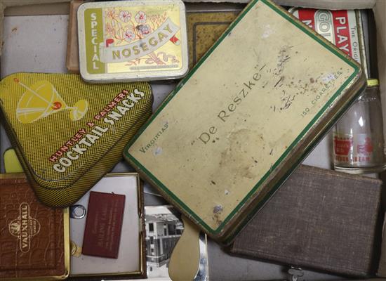 A quantity of advertising tins, Guinness bottle, opener etc